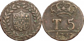Napoli. Ferdinando IV (1759-1816). 5 tornesi 1797 con sigla P sotto lo stemma. P/R 99. MIR 392. AE. g. 12.16 mm. 25.00 BB.