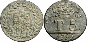 Napoli. Ferdinando IV (1759-1816). 5 tornesi 1798 con sigla P sotto stemma. P/R 100. MIR 392/2. AE. g. 11.91 mm. 25.00 BB.
