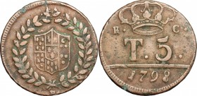 Napoli. Ferdinando IV (1759-1816). 5 tornesi 1798, sigla P sotto ghirlanda. P/R 101. MIR 392/4. AE. g. 10.82 mm. 28.00 BB.