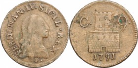 Napoli. Ferdinando IV (1759-1816). 9 cavalli 1791. P/R 125. MIR 400/3. AE. g. 4.37 mm. 24.00 NC. qBB-BB.
