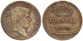Napoli. Ferdinando II (1830-1859). 10 tornesi 1833, bordo liscio. P/R 182. MIR 518/5. AE. mm. 38.00 R. BB-BB+.
