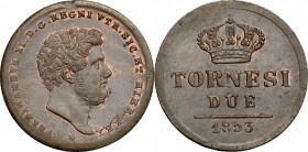 Napoli. Ferdinando II (1830-1859). Due tornesi 1853. P/R 255. MIR 528/11. AE. g. 6.12 mm. 24.00 Rame rosso SPL+.