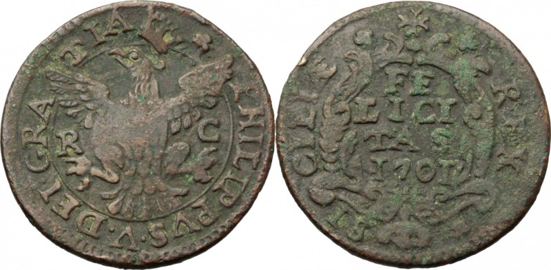 Palermo. Filippo V di Borbone (1701-1713). Grano 1701. Sp. 20. MIR 506. AE. g. 4...