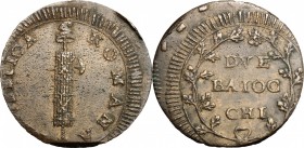 Roma. Prima Repubblica Romana (1798-1799). 2 baiocchi 9° tipo (Gig. 13). Gig. 13. var. rami (Cf. rami Gig. 12). Bruni 9 var. foglie sui rami. AE. mm. ...