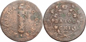 Roma. Prima Repubblica Romana (1798-1799). 2 baiocchi 12° tipo (Gig. 16). Gig. 16var. Bruni 10. AE. mm. 35.00 RRRRR. Bruni riporta l'esemplare numero ...