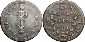 Roma. Prima Repubblica Romana (1798-1799). 2 baiocchi 10° tipo (Gig. 14c). Gig. 13c. Bruni 16 var. foglie sui rami. AE. mm. 35.00 RRR. Molto rara. qBB...