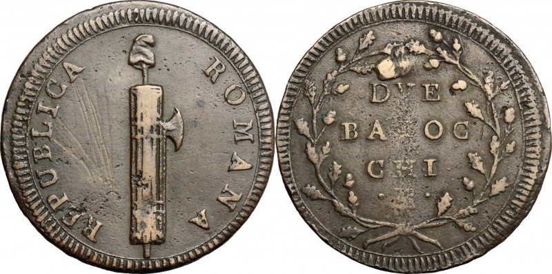 Roma. Prima Repubblica Romana (1798-1799). 2 baiocchi 14° tipo (Gig. 17c: rami c...