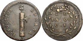 Roma. Prima Repubblica Romana (1798-1799). 2 baiocchi 14° tipo (Gig. 17c: rami con ghiande). Gig. 17f. Bruni 31. AE. mm. 36.00 R. Rara. Il Muntoni la ...