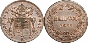 Roma. Gregorio XVI (1831-1846). Baiocco 1844. Pag. 274. CU. mm. 30.00 Rame rosso SPL-SPL+.