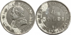 Roma. Pio IX (1846-1878). 4 soldi 1868 A. XXIII. Pag. 594. PB. mm. 36.00 R. Interessante coniazione in piombo o zinco successivamente argentata. Proba...