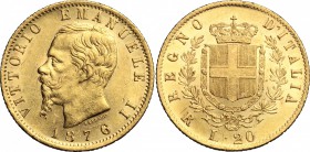 Regno di Italia. Vittorio Emanuele II (1861-1878). 20 lire 1876 Roma. Pag. 473. Mont. 150. AU. mm. 21.00 qSPL/SPL.