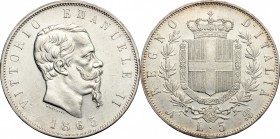 Regno di Italia. Vittorio Emanuele II (1861-1878). 5 lire 1865 Napoli. Pag. 486. Mont. 168. AG. mm. 37.00 R. SPL/qFDC.