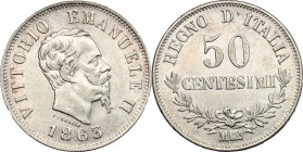 Regno di Italia. Vittorio Emanuele II (1861-1878). 50 centesimi 1863 M. Pag. 527. Mont. 217. AG. FDC/qFDC.