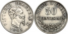 Regno di Italia. Vittorio Emanuele II (1861-1878). 50 centesimi 1863, Milano. Pag. 527. Mont. 217. AG. mm. 18.00 SPL.