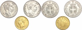 Regno di Italia. Umberto I (1878-1900). Lotto di tre monete: 20 lire 1882 (SPL); 2 lire 1881 (BB+); 2 lire 1882 (qSPL). Pag. 578; 591; 592. Mont. 16; ...