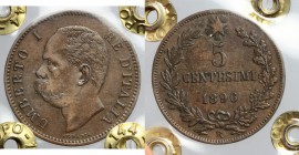 Regno di Italia. Umberto I (1878-1900). 5 centesimi 1896. Pag. 618. Mont. 66. AE. mm. 25.00 RR. 21 mm e 27 mm. qSPL.