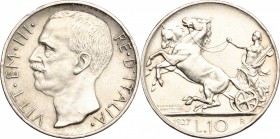 Regno di Italia. Vittorio Emanuele III (1900-1943). 10 lire 1927 due rosette. Pag. 692. Mont. 90. AG. mm. 27.00 R. Colpetto al bordo. BB.