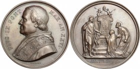 Pio IX (1846-1878), Giovanni Mastai Ferretti. Medaglia annuale, A. XXVI. D/ Busto a sinistra con berrettino, mozzetta e stola. R/ Il trono di S. Pietr...
