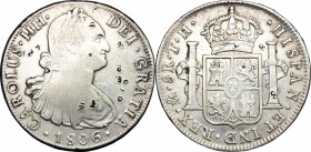 China. Charles IV (1788-1808). Chopmarked 8 Reales 1806 TH, Mexico City. Host coin KM 109. AG. g. 26.73 mm. 40.50 RR. Good VF. Chop marks on coins are...