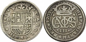 Spain. Carlo III (1706-1740). 2 reales 1708. AG. BB+.