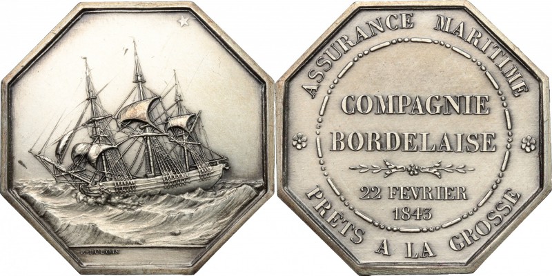 France. Token 1843 of Compagnie Bordelaise, Assurance Maritime. White metal. mm....