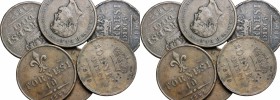 Napoli. Lotto di 6 monete da 10 tornesi: 54, 57 (2), 58, 59, 59. AE.