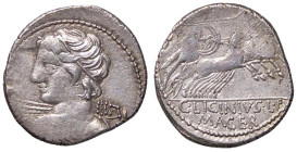 ROMANE REPUBBLICANE - LICINIA - C. Licinius L. f. Macer (84 a.C.) - Denario B. 16; Cr. 354/1 (AG g. 3,82) Ex asta Nomisma 29, lotto 2046
 Ex asta Nom...