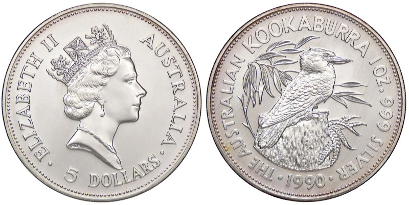 ESTERE - AUSTRALIA - Elisabetta II (1952-2022) - 5 Dollari 1990 - Kookaburra Kr....