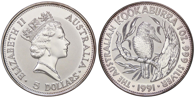 ESTERE - AUSTRALIA - Elisabetta II (1952-2022) - 5 Dollari 1991 - Kookaburra Kr....