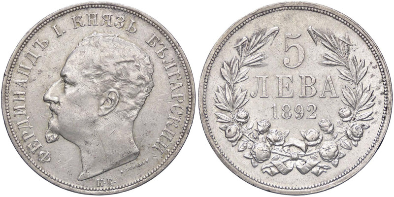 ESTERE - BULGARIA - Ferdinando I (1887-1918) - 5 Leva 1892 KB Kr. 18 AG Segni al...