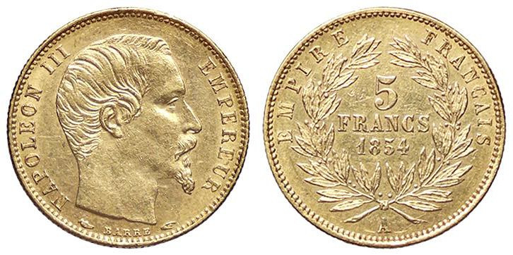 ESTERE - FRANCIA - Napoleone III (1852-1870) - 5 Franchi 1854 A - Testa nuda Kr....