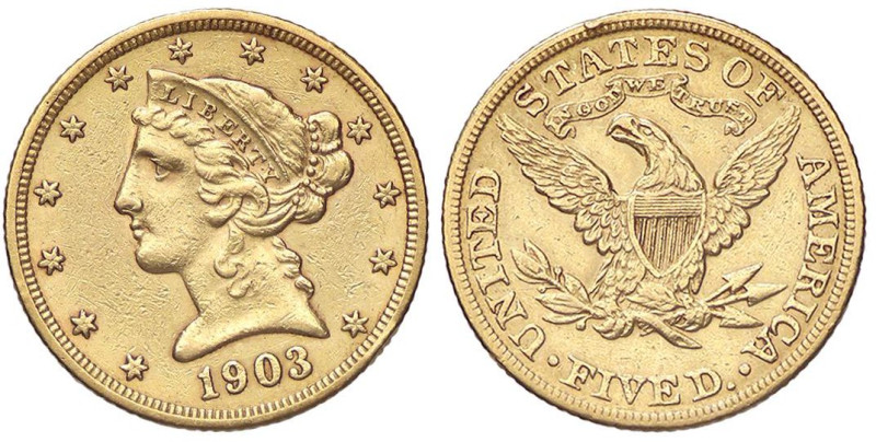 ESTERE - U.S.A. - 5 Dollari 1903 - Liberty Kr. 101 (AU g. 8,34) Colpetto
 Colpe...