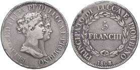 ZECCHE ITALIANE - LUCCA - Elisa Bonaparte e Felice Baciocchi (1805-1814) - 5 Franchi 1808 Pag. manca; Mont. manca R AG Cifra 8 della data su 7 Colpett...