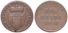 ZECCHE ITALIANE - MASSA DI LUNIGIANA - Maria Beatrice d'Este Cybo Malaspina (1790-1796) - 2 Soldi 1792 Mont. 468 R CU Colpo
 Colpo
qBB/BB