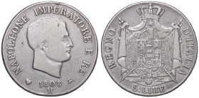 ZECCHE ITALIANE - MILANO - Napoleone I, Re d'Italia (1805-1814) - 5 Lire 1808 Pag. 26; Mont. 218 AG Puntali aguzzi e contorno in rilievo Colpetto
 Pu...