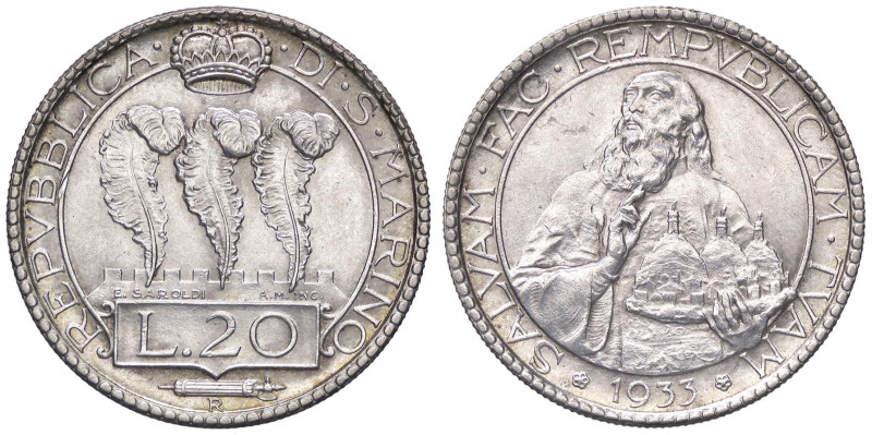 ZECCHE ITALIANE - SAN MARINO - Vecchia monetazione - 20 Lire 1933 Pag. 344; Mont...