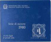 REPUBBLICA ITALIANA - Repubblica Italiana (monetazione in lire) (1946-2001) - Serie zecca 1980 Mont. 15 In confezione - 10 valori + medaglia
 In conf...