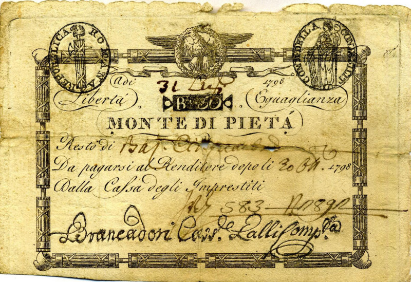 CARTAMONETA - STATO PONTIFICIO - Repubblica Romana Resti del S.Monte della pietà...