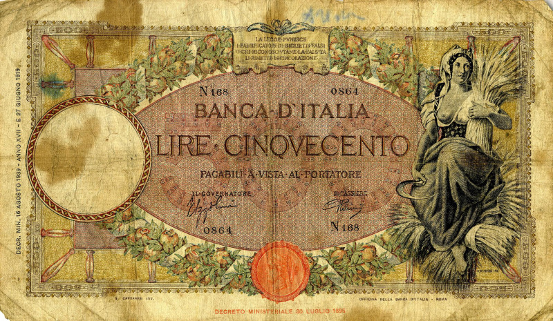 CARTAMONETA - BANCA d'ITALIA - Vittorio Emanuele III (1900-1943) - 500 Lire - Ca...