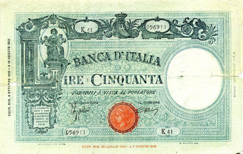 CARTAMONETA - BANCA d'ITALIA - Repubblica Sociale (1943-1945) - 50 Lire - Barbet...