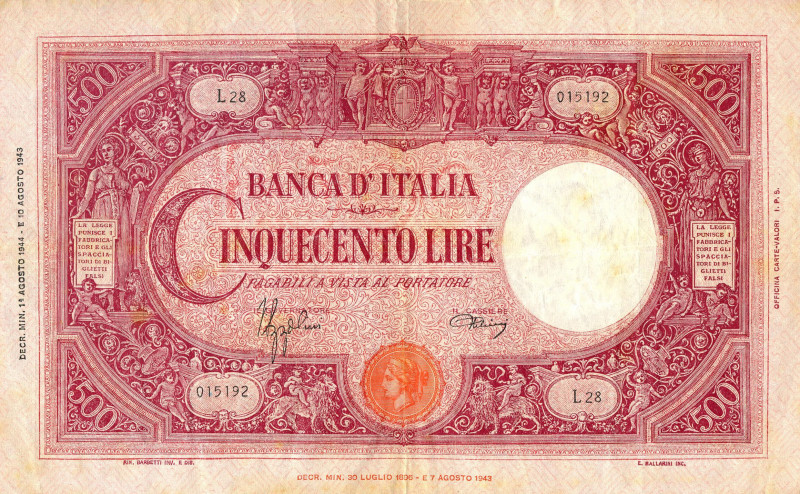 CARTAMONETA - BANCA d'ITALIA - Luogotenenza (1944-1946) - 500 Lire - Barbetti (t...