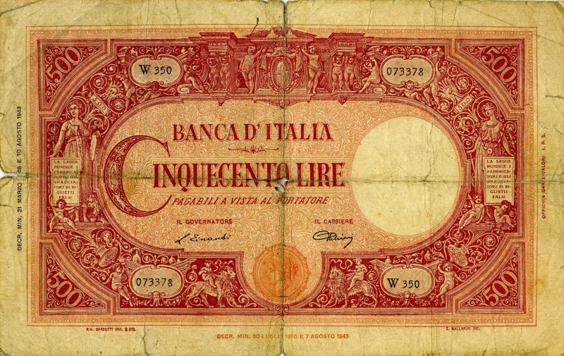 CARTAMONETA - BANCA d'ITALIA - Luogotenenza (1944-1946) - 500 Lire - Barbetti (t...