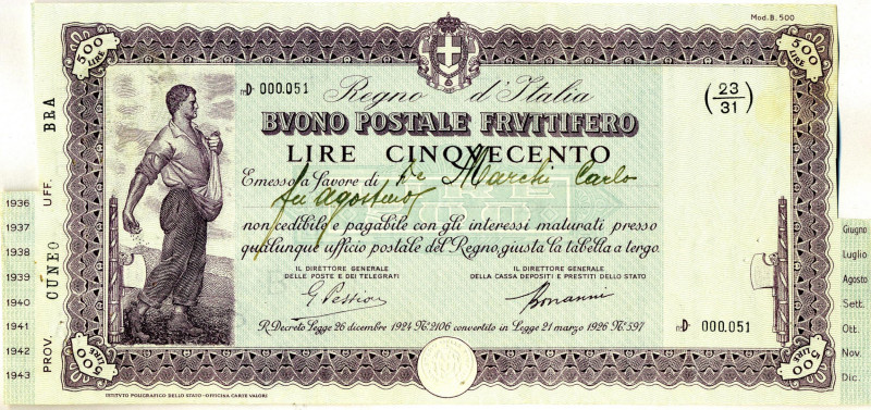 CARTAMONETA - BUONI POSTALI - Buoni Postali Fruttiferi - 500 Lire 1936/43 RR Pag...