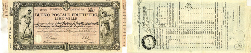 CARTAMONETA - BUONI POSTALI - Buoni Postali Fruttiferi - 1.000 Lire 1927 RRRR Pa...