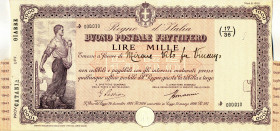 CARTAMONETA - BUONI POSTALI - Buoni Postali Fruttiferi - 1.000 Lire 1936/43 RR Pagato a Giarre Forellini da spillo
 Pagato a Giarre - Forellini da sp...