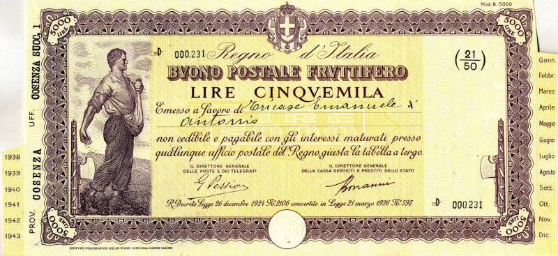 CARTAMONETA - BUONI POSTALI - Buoni Postali Fruttiferi - 5.000 Lire 1938/43 RRR ...