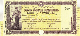 CARTAMONETA - BUONI POSTALI - Buoni Postali Fruttiferi - 5.000 Lire 1938/43 RRR Pagato a Cosenza Forellini da spillo
 Pagato a Cosenza - Forellini da...