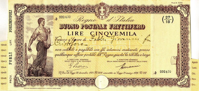 CARTAMONETA - BUONI POSTALI - Buoni Postali Fruttiferi - 5.000 Lire 1940/47 RRR ...