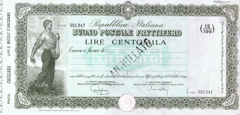 CARTAMONETA - BUONI POSTALI - Buoni Postali Fruttiferi - 100.000 Lire ANNULLATO ...