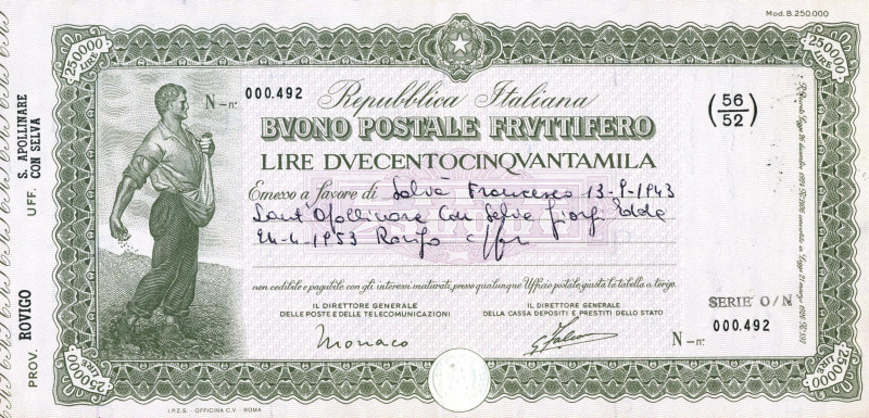 CARTAMONETA - BUONI POSTALI - Buoni Postali Fruttiferi - 250.000 Lire 1953 Pagat...